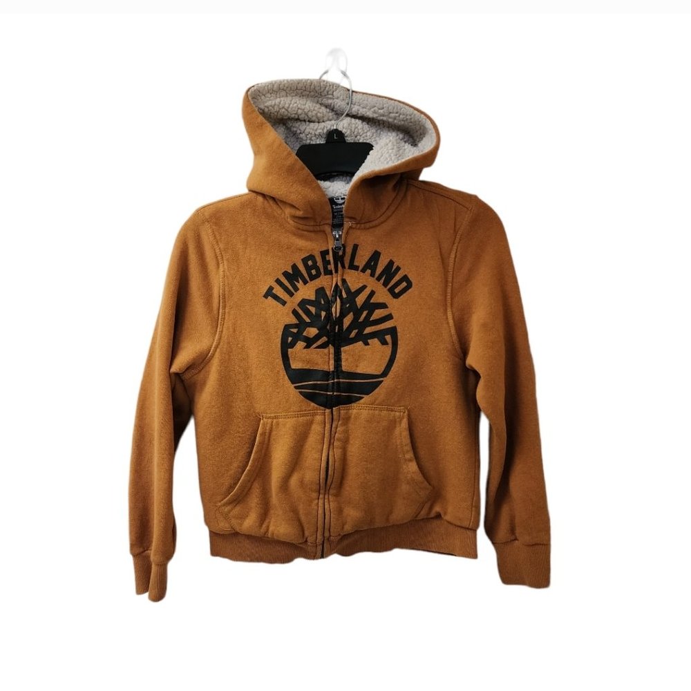 Timberland Boys' Sherpa Big Tree Wheat Tan Lined Fleece Full Zip Hoodie Medium